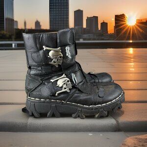 ✅Boseton Black Leather Skull & Bones Goth Moto Biker Boots 1809-1 Mens Size 11.5